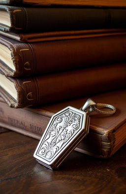 A collection of old, weathered books stacked neatly on a wooden surface, with a beautifully crafted silver pendant shaped like a coffin resting beside them