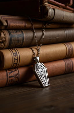 A collection of old, weathered books stacked neatly on a wooden surface, with a beautifully crafted silver pendant shaped like a coffin resting beside them