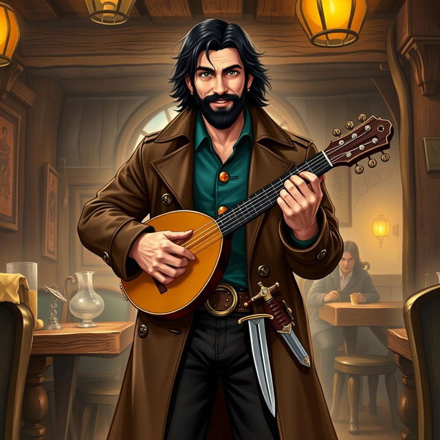 An attractive human bard with medium length thick black hair and a medium length thick black beard and moustache, his hazel green eyes gleaming with a wry smile