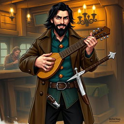 An attractive human bard with medium length thick black hair and a medium length thick black beard and moustache, his hazel green eyes gleaming with a wry smile