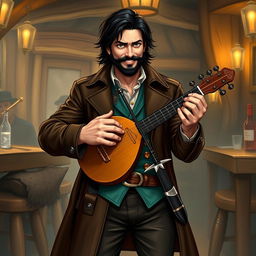 An attractive human bard with medium length thick black hair and a medium length thick black beard and moustache, his hazel green eyes gleaming with a wry smile