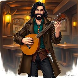 An attractive human bard with medium length thick black hair and a medium length thick black beard and moustache, his hazel green eyes gleaming with a wry smile