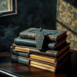 A collection of old, leather-bound books stacked artfully on a dark wooden table, surrounded by a soft, ambient light