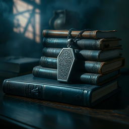 A collection of old, leather-bound books stacked artfully on a dark wooden table, surrounded by a soft, ambient light