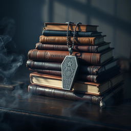 A collection of old, leather-bound books stacked artfully on a dark wooden table, surrounded by a soft, ambient light