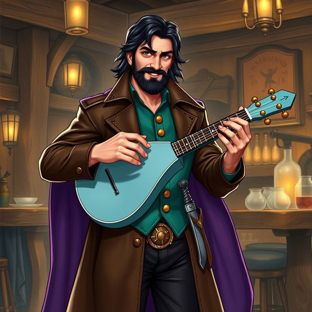 An attractive human bard with medium length thick black hair, a medium length thick black beard and moustache, and hazel green eyes that reflect a wry smile