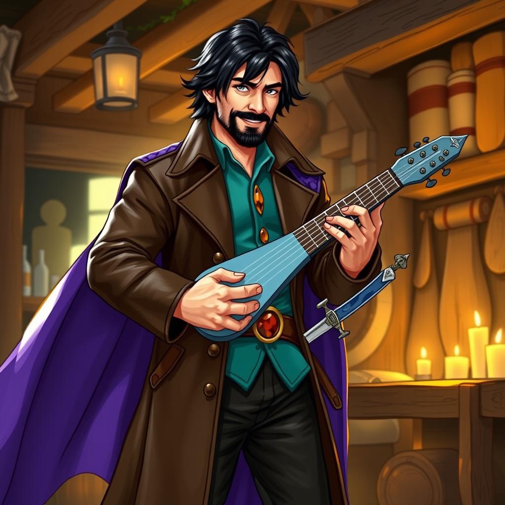 An attractive human bard with medium length thick black hair, a medium length thick black beard and moustache, and hazel green eyes that reflect a wry smile