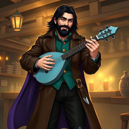 An attractive human bard with medium length thick black hair, a medium length thick black beard and moustache, and hazel green eyes that reflect a wry smile