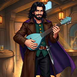 An attractive human bard with medium length thick black hair, a medium length thick black beard and moustache, and hazel green eyes that reflect a wry smile