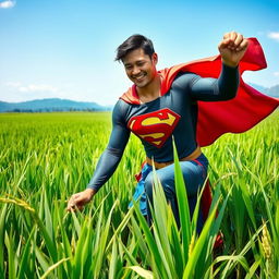 A powerful superhero resembling Superman, dressed in a mix of traditional Indonesian attire and his iconic costume, is joyfully planting rice in a lush green rice field in Indonesia