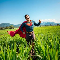 A powerful superhero resembling Superman, dressed in a mix of traditional Indonesian attire and his iconic costume, is joyfully planting rice in a lush green rice field in Indonesia