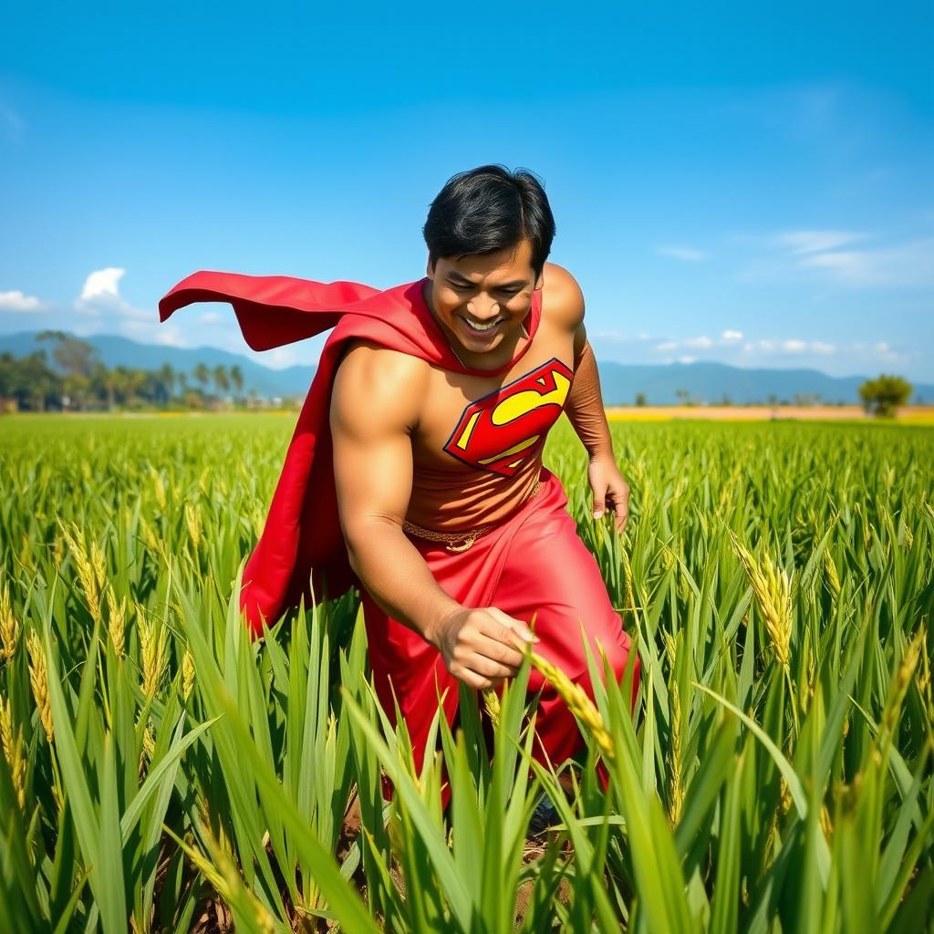 A powerful superhero resembling Superman, dressed in a mix of traditional Indonesian attire and his iconic costume, is joyfully planting rice in a lush green rice field in Indonesia