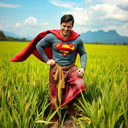 A powerful superhero resembling Superman, dressed in a mix of traditional Indonesian attire and his iconic costume, is joyfully planting rice in a lush green rice field in Indonesia