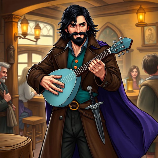 An attractive human bard with medium length thick black hair, a medium length thick black beard and moustache, and hazel green eyes that gleam with a wry smile