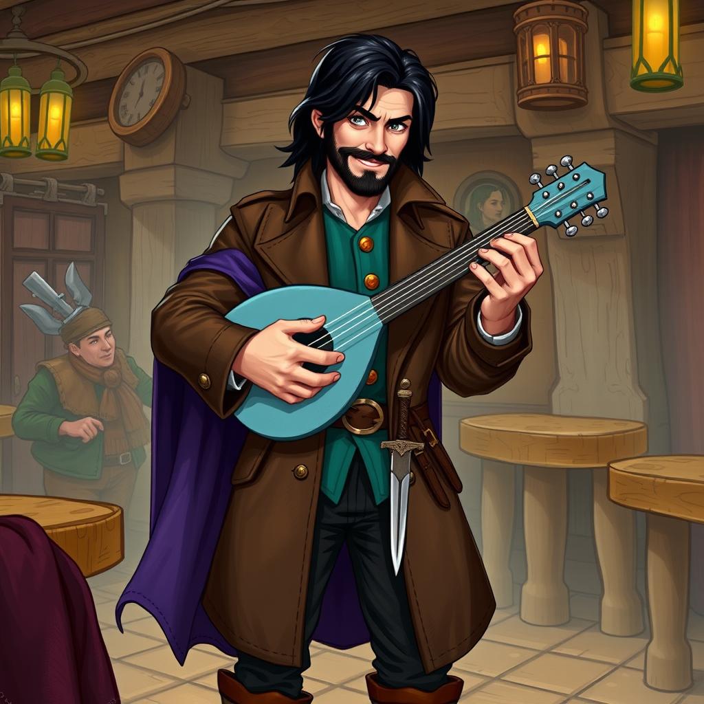 An attractive human bard with medium length thick black hair, a medium length thick black beard and moustache, and hazel green eyes that gleam with a wry smile