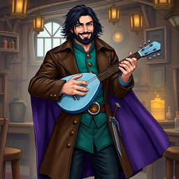 An attractive human bard with medium length thick black hair, a medium length thick black beard and moustache, and hazel green eyes that gleam with a wry smile