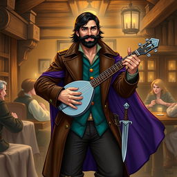 An attractive human bard with medium length thick black hair, a medium length thick black beard and moustache, and hazel green eyes that gleam with a wry smile