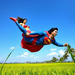 Superman in a lush Indonesian rice field, showcasing the vibrant greens of the rice plants and the clear blue sky above