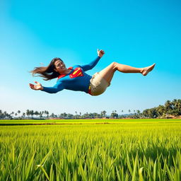 Superman in a lush Indonesian rice field, showcasing the vibrant greens of the rice plants and the clear blue sky above