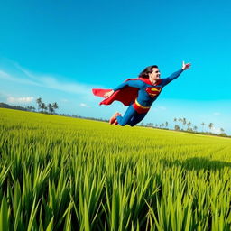 Superman in a lush Indonesian rice field, showcasing the vibrant greens of the rice plants and the clear blue sky above