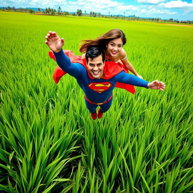 Superman in a lush Indonesian rice field, showcasing the vibrant greens of the rice plants and the clear blue sky above