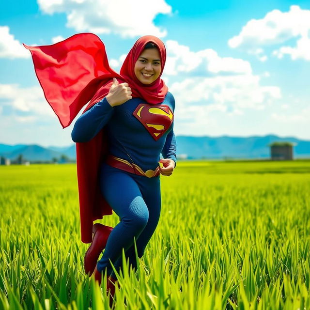 Superman in a picturesque Indonesian rice field, lifting a superheroine in a red hijab