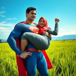 Superman in a picturesque Indonesian rice field, lifting a superheroine in a red hijab