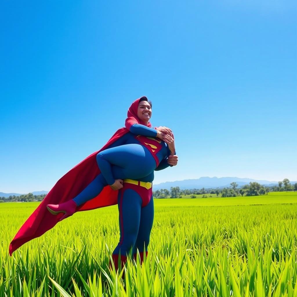 Superman in a picturesque Indonesian rice field, lifting a superheroine in a red hijab