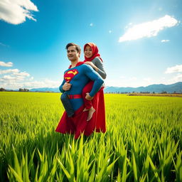 Superman in a picturesque Indonesian rice field, lifting a superheroine in a red hijab