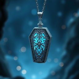 A beautifully crafted silver pendant shaped like a coffin, elegantly suspended in a mystical environment