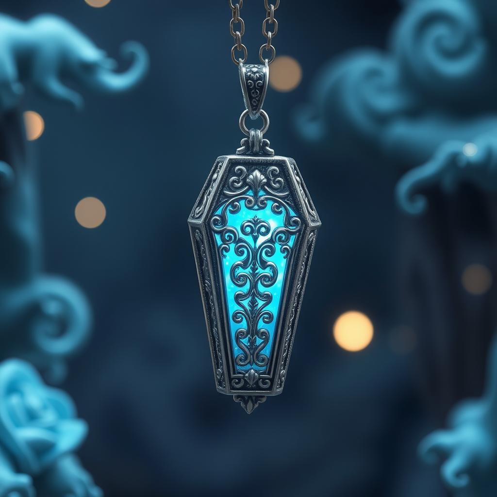 A beautifully crafted silver pendant shaped like a coffin, elegantly suspended in a mystical environment