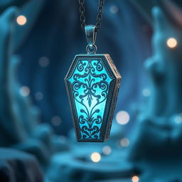 A beautifully crafted silver pendant shaped like a coffin, elegantly suspended in a mystical environment