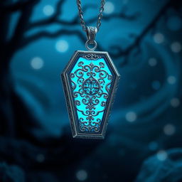 A beautifully crafted silver pendant shaped like a coffin, elegantly suspended in a mystical environment