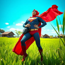 Superman in a lush Indonesian rice field, lifting a female superhero wearing a vibrant red hijab