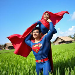 Superman in a lush Indonesian rice field, lifting a female superhero wearing a vibrant red hijab