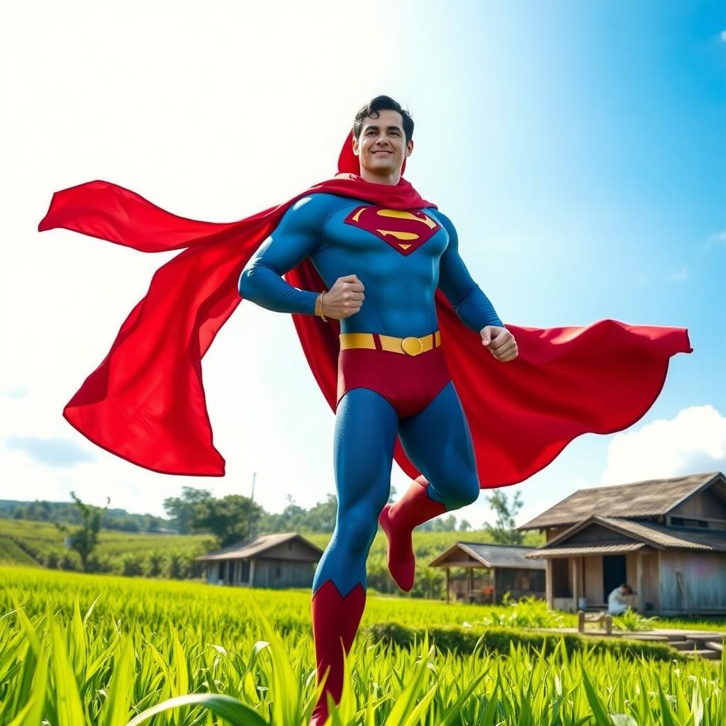 Superman in a lush Indonesian rice field, lifting a female superhero wearing a vibrant red hijab