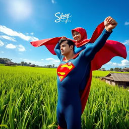 Superman in a lush Indonesian rice field, lifting a female superhero wearing a vibrant red hijab