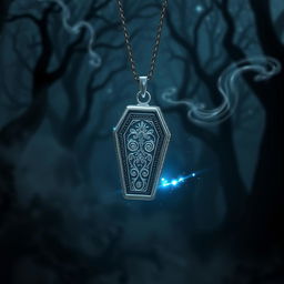 A silver pendant shaped like a coffin, elegantly designed with intricate engravings and a polished surface, hangs delicately in a fantasy setting