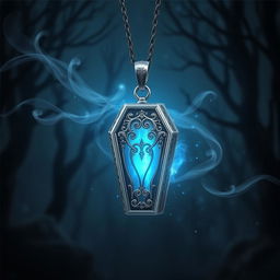 A silver pendant shaped like a coffin, elegantly designed with intricate engravings and a polished surface, hangs delicately in a fantasy setting