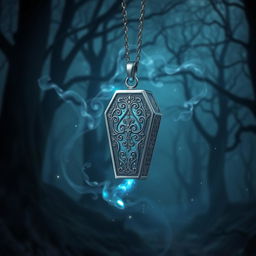 A silver pendant shaped like a coffin, elegantly designed with intricate engravings and a polished surface, hangs delicately in a fantasy setting