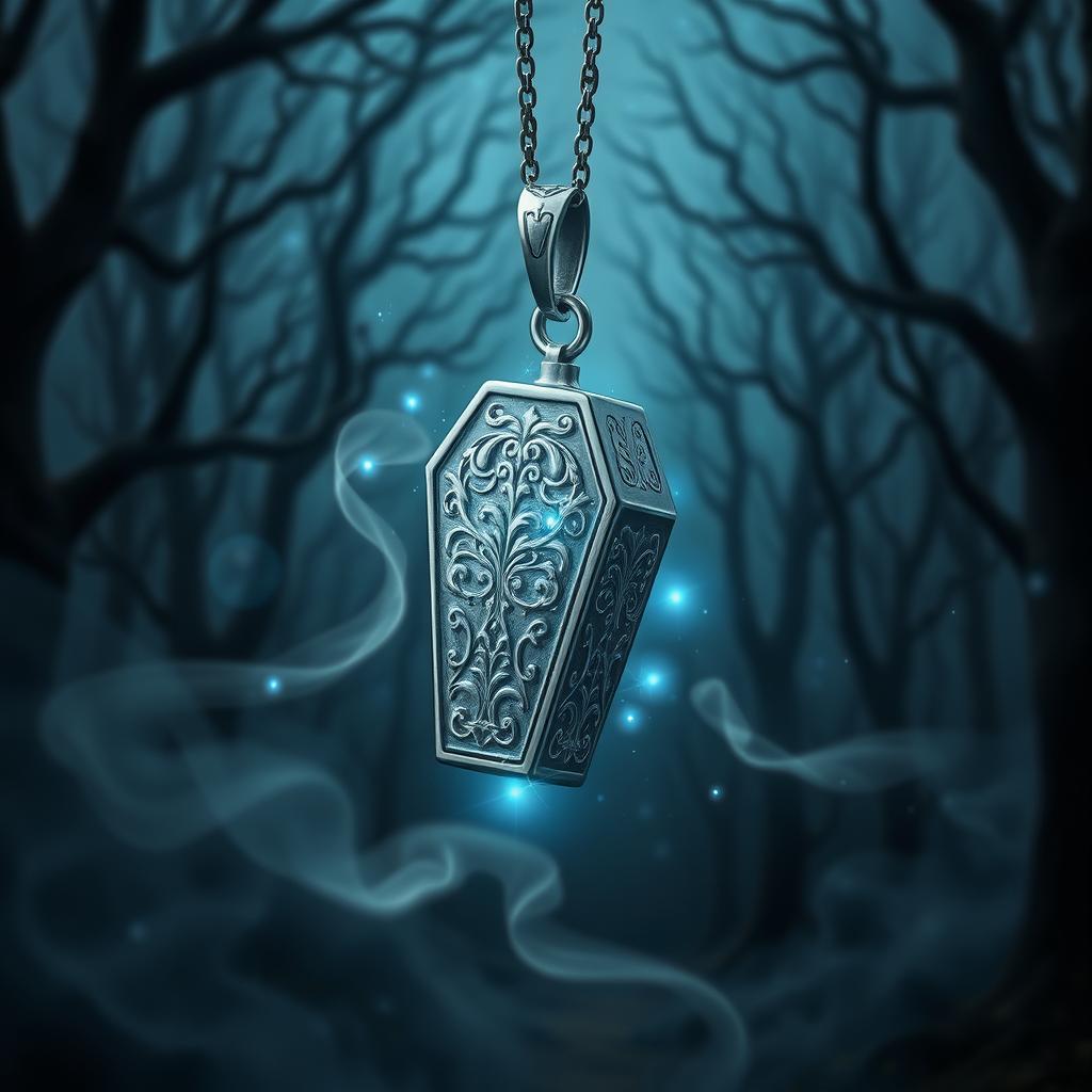 A silver pendant shaped like a coffin, elegantly designed with intricate engravings and a polished surface, hangs delicately in a fantasy setting