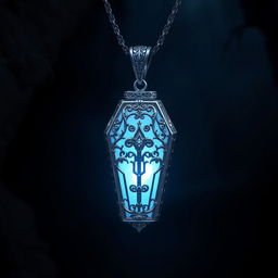 A beautifully crafted silver pendant shaped like a coffin, intricately designed with ornate details and hanging gracefully in a fantastical setting