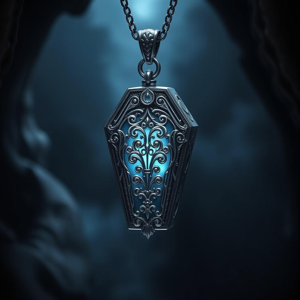 A beautifully crafted silver pendant shaped like a coffin, intricately designed with ornate details and hanging gracefully in a fantastical setting