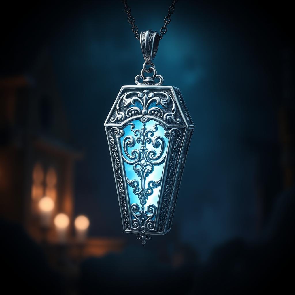 A beautifully crafted silver pendant shaped like a coffin, intricately designed with ornate details and hanging gracefully in a fantastical setting