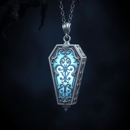 A beautifully crafted silver pendant shaped like a coffin, intricately designed with ornate details and hanging gracefully in a fantastical setting