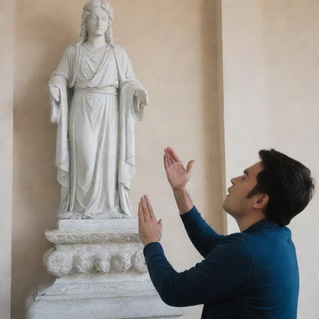 A person devoutly worshipping a statue