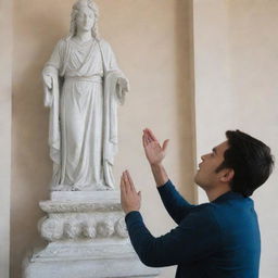 A person devoutly worshipping a statue