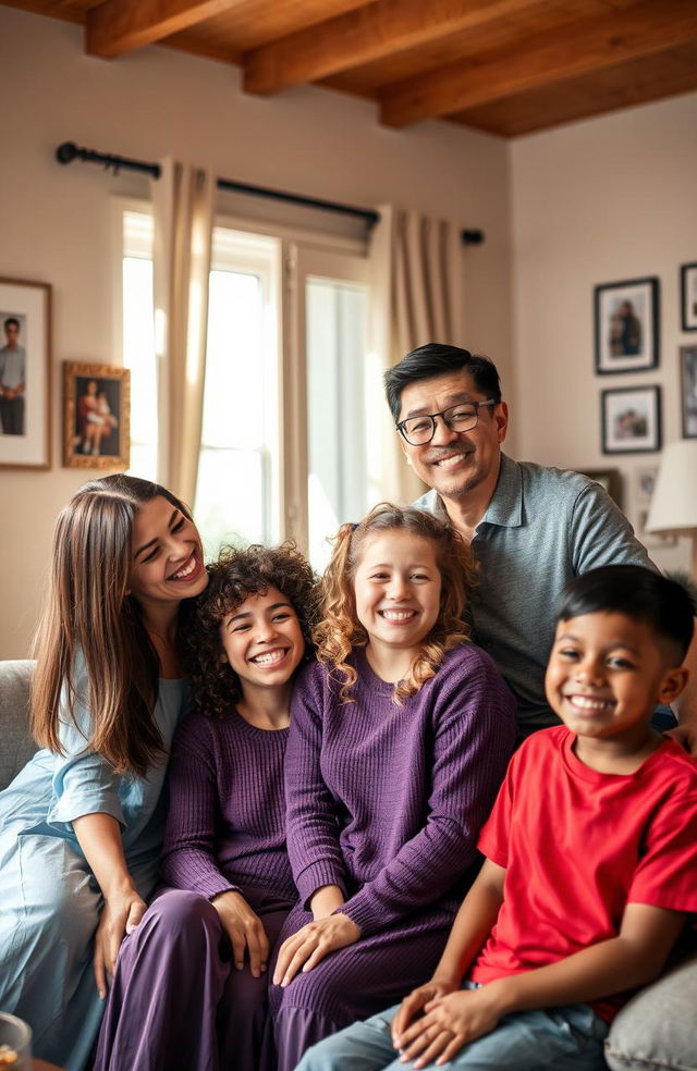 A joyful family portrait showcasing a diverse group of four family members inside their cozy living room