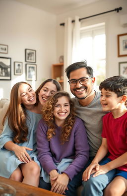 A joyful family portrait showcasing a diverse group of four family members inside their cozy living room