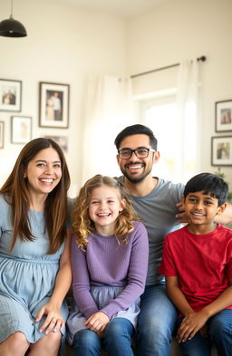 A joyful family portrait showcasing a diverse group of four family members inside their cozy living room